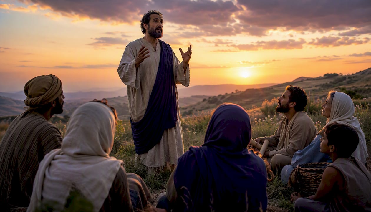 Jesus preaching on mountaintop to audience