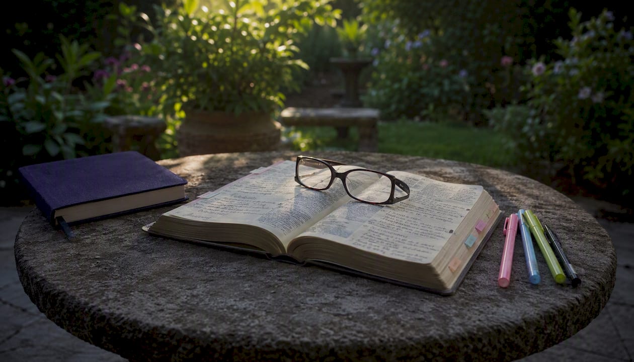 Study Bible open with reading glasses and notes