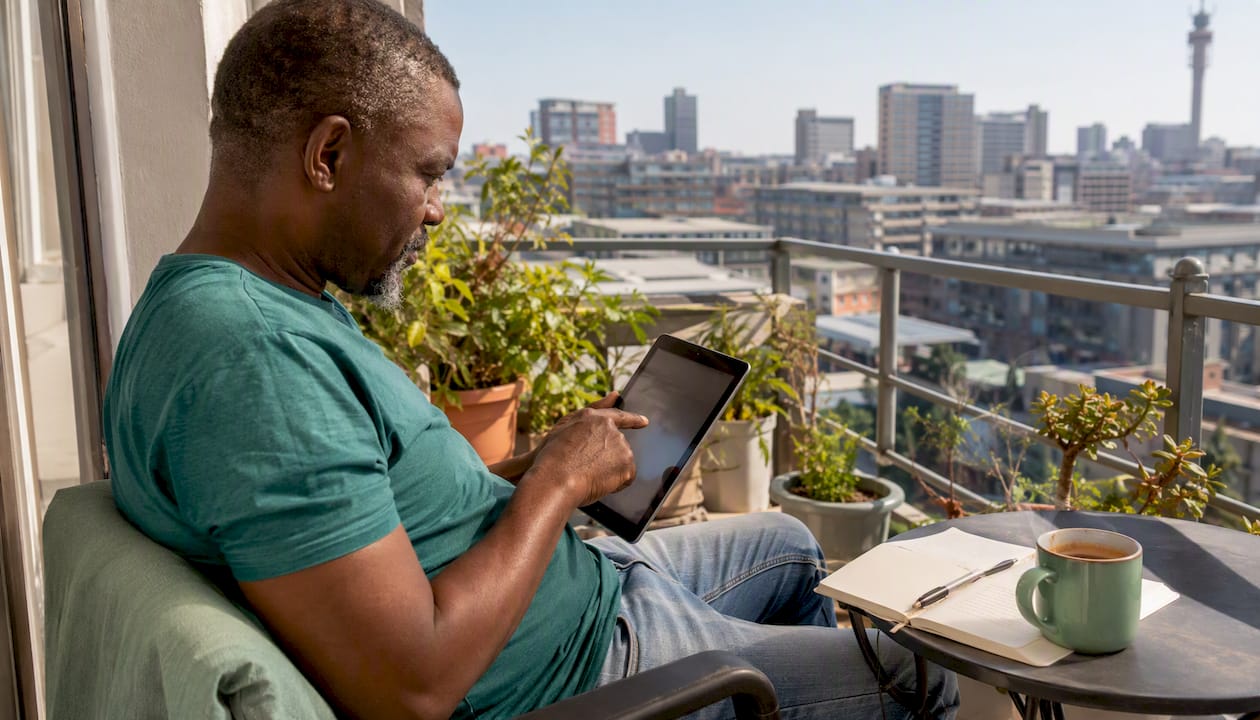 Man browsing job listings on tablet at home kitchen table