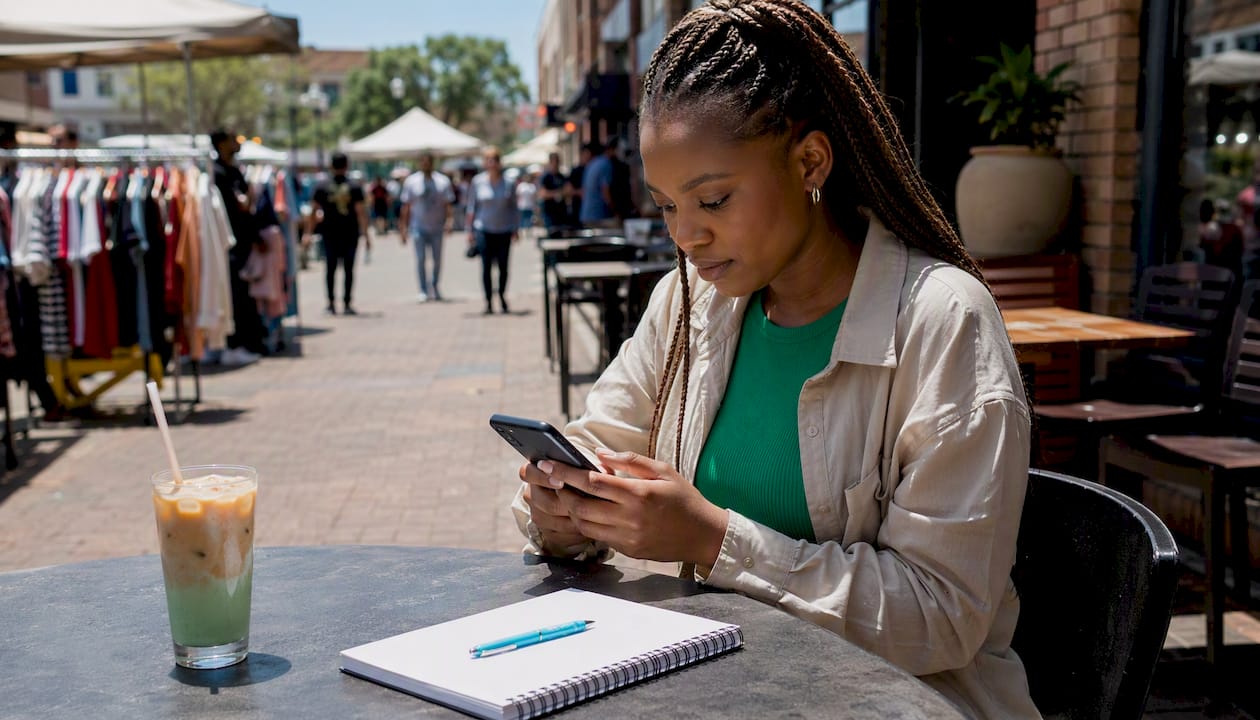Young woman using job app in café environment