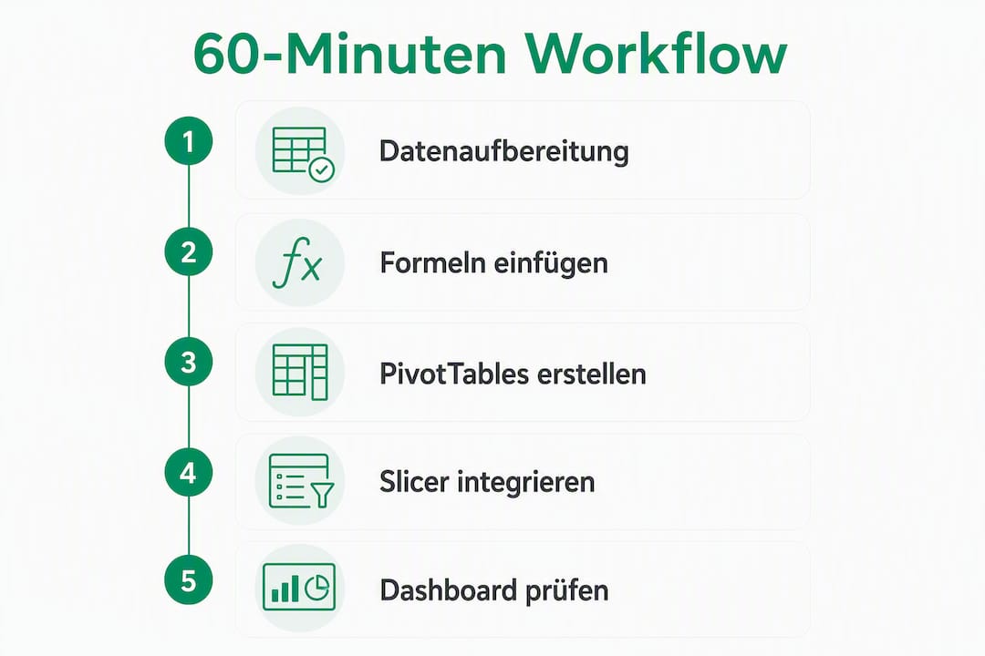 Grafik mit den einzelnen Schritten für einen 60-minütigen Workflow zur Erstellung eines KPI-Dashboards