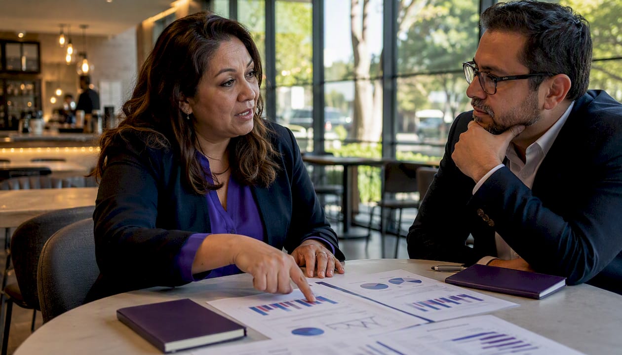 Businesswoman discussing merit increases in meeting