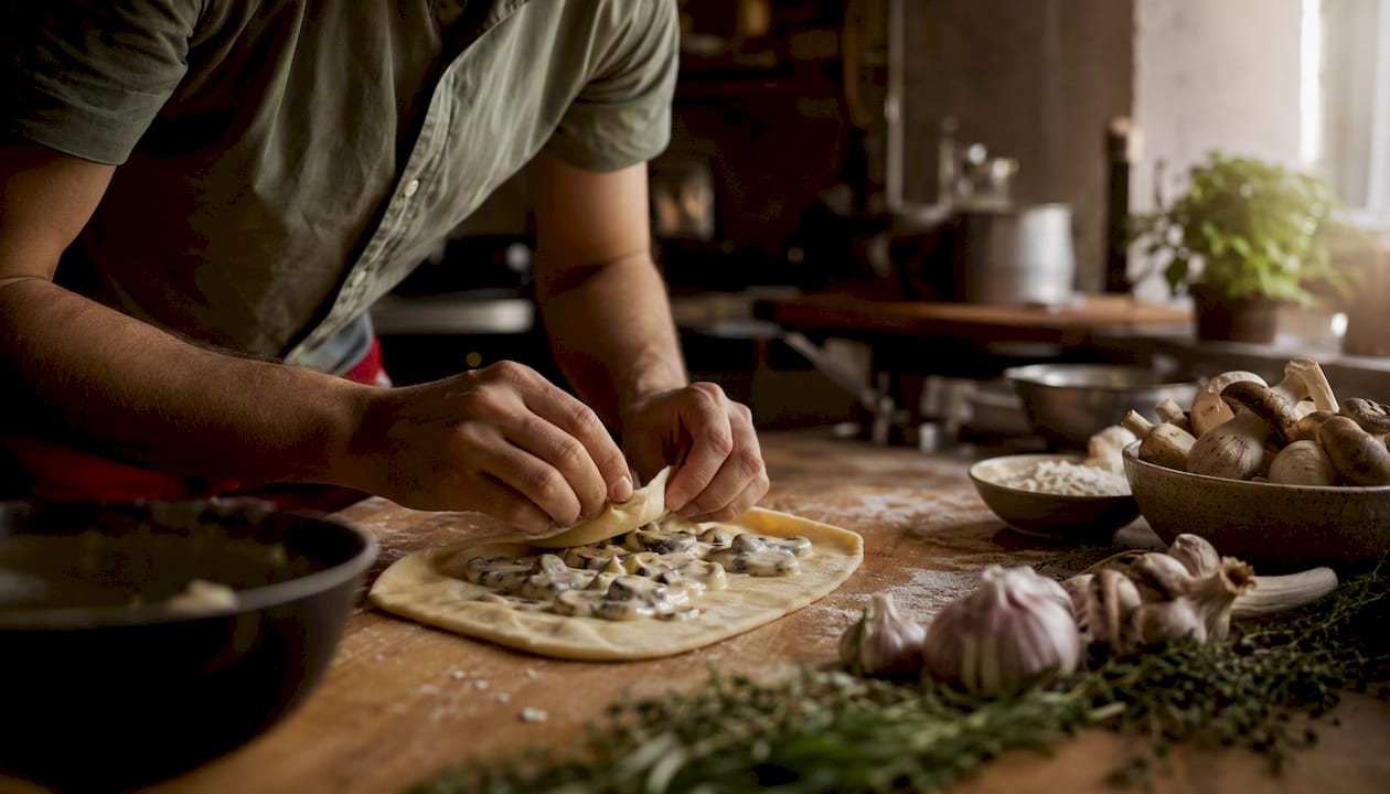 Hands stirring mushroom cream sauce on stove
