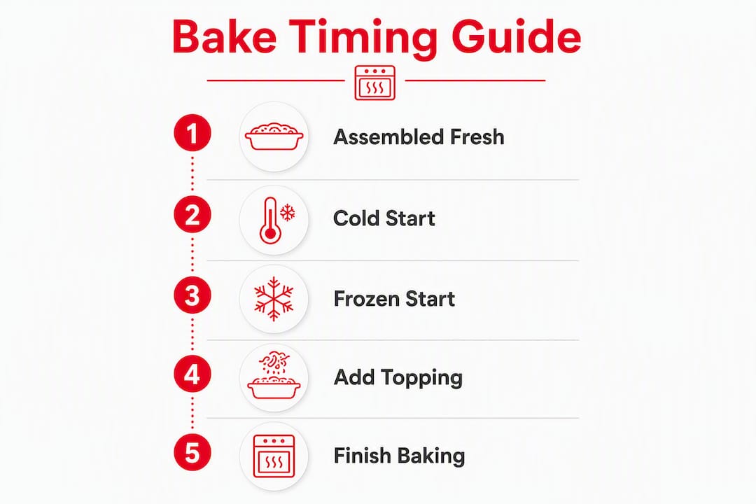Infographic showing bake timing steps for green bean casserole