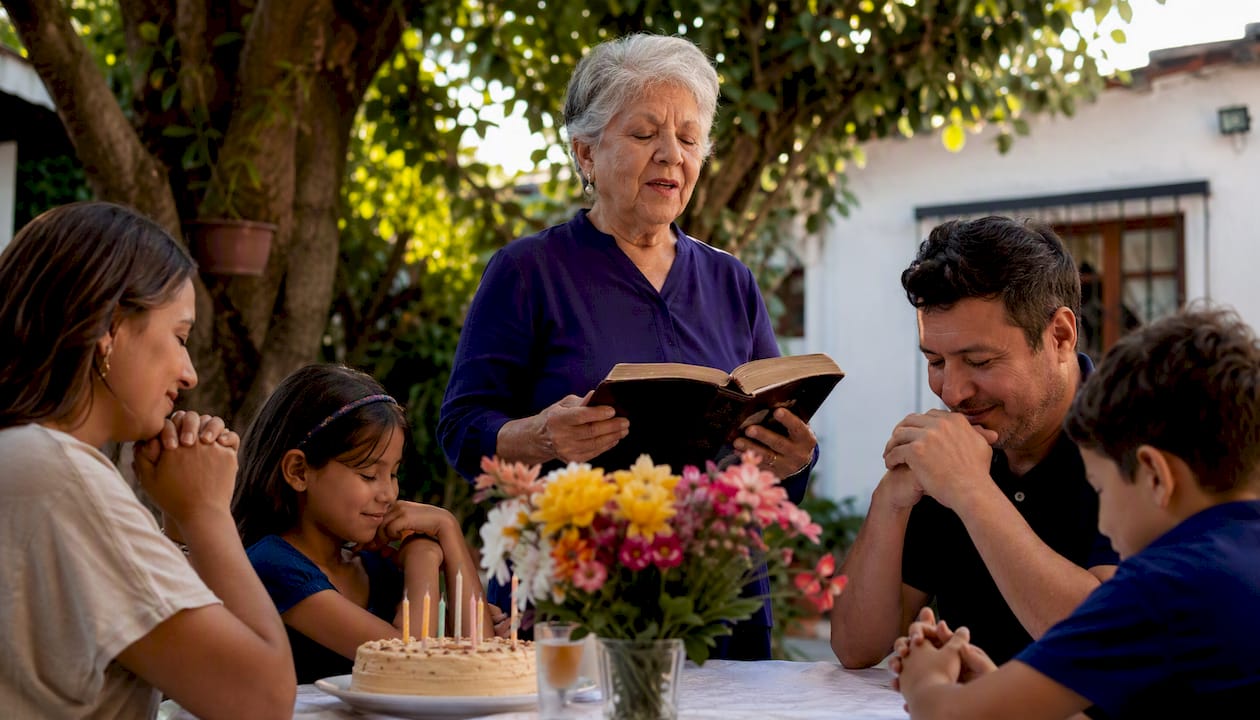La familia reunida, dando gracias y pidiendo bendiciones mientras celebran el cumpleaños de uno de sus miembros.