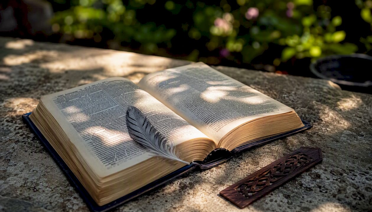 Bible with feather symbolizing protection