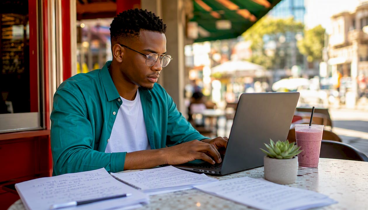 Hands typing Boolean search terms on laptop keyboard