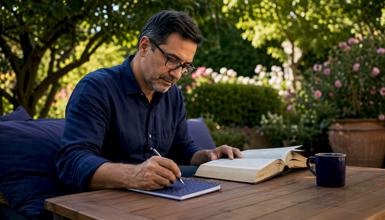 Un uomo immerso nella lettura della Bibbia, alla ricerca di una profonda crescita spirituale.