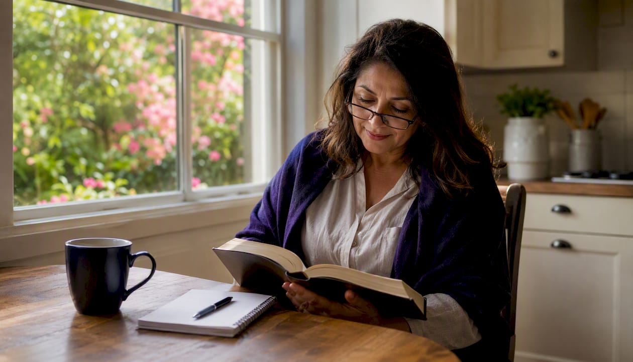 Mujer sentada cómodamente en un sillón, disfrutando de la lectura de la Biblia junto a una ventana iluminada por la luz del día.