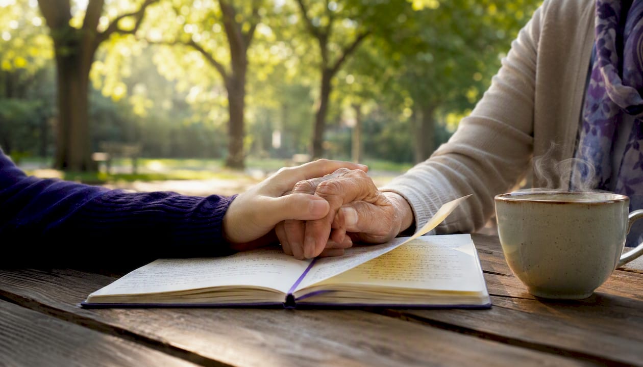 Manos entrelazadas de una joven y una anciana con páginas de la Biblia de fondo