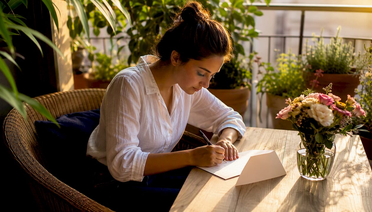 Chico joven escribiendo una dedicatoria bíblica mientras disfruta del atardecer en el jardín.