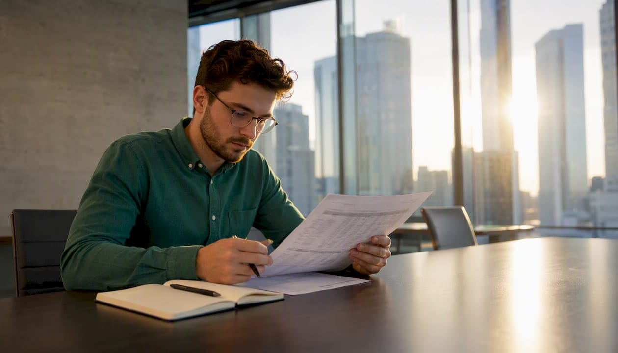 Ein Analyst prüft die Ergebnisse eines Excel-Solver-Modells auf ausgedruckten Unterlagen.