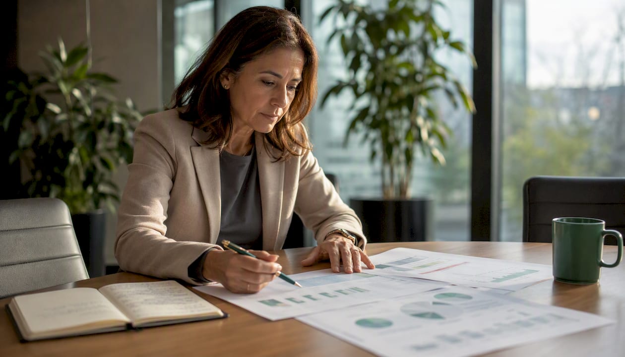 Ein Finanzanalyst prüft und bewertet die Zusammensetzung des Produktportfolios.