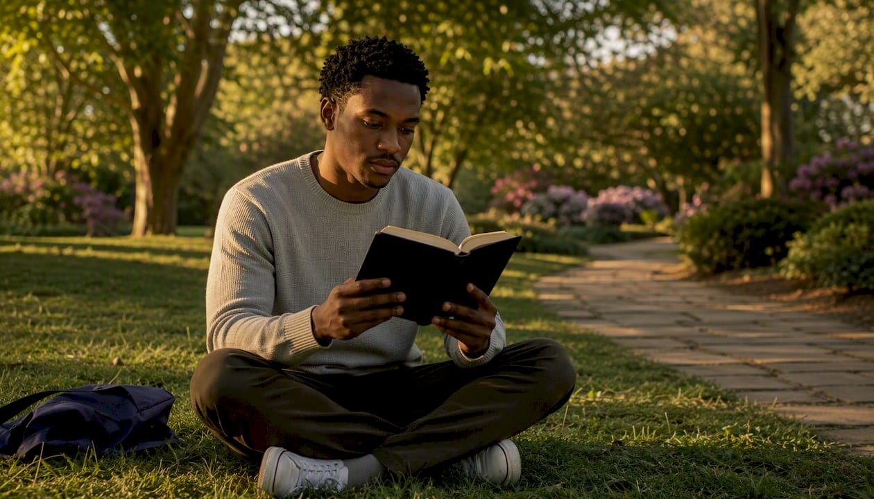 Man reading Bible in quiet church chapel