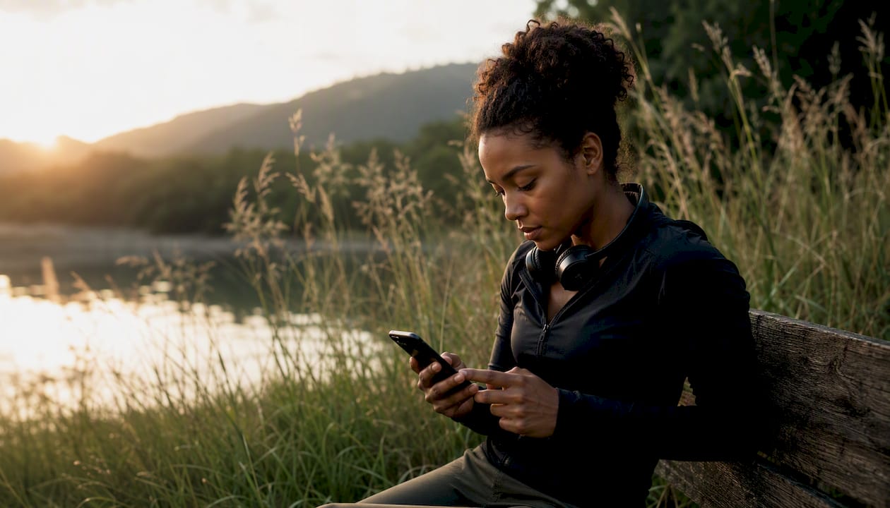 Woman starting Forest app outdoors