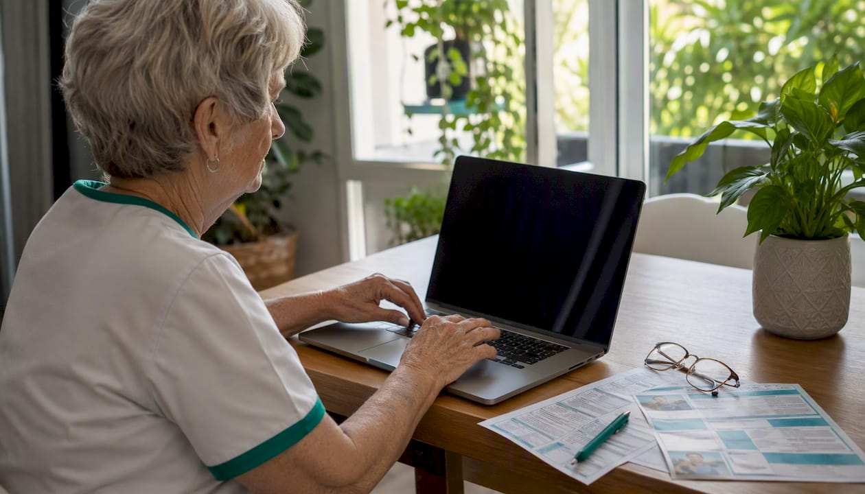 Hands typing on laptop searching job sites