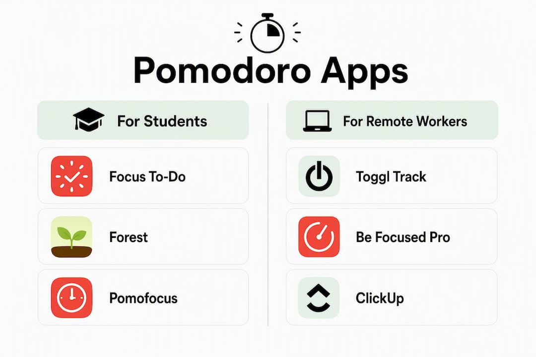 Infographic comparing Pomodoro apps for students and workers