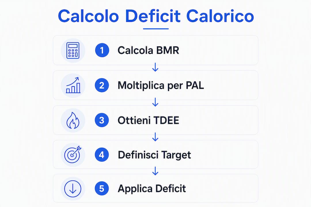 Infografica dettagliata che spiega in modo semplice e ordinato come calcolare il deficit calorico, passo dopo passo.