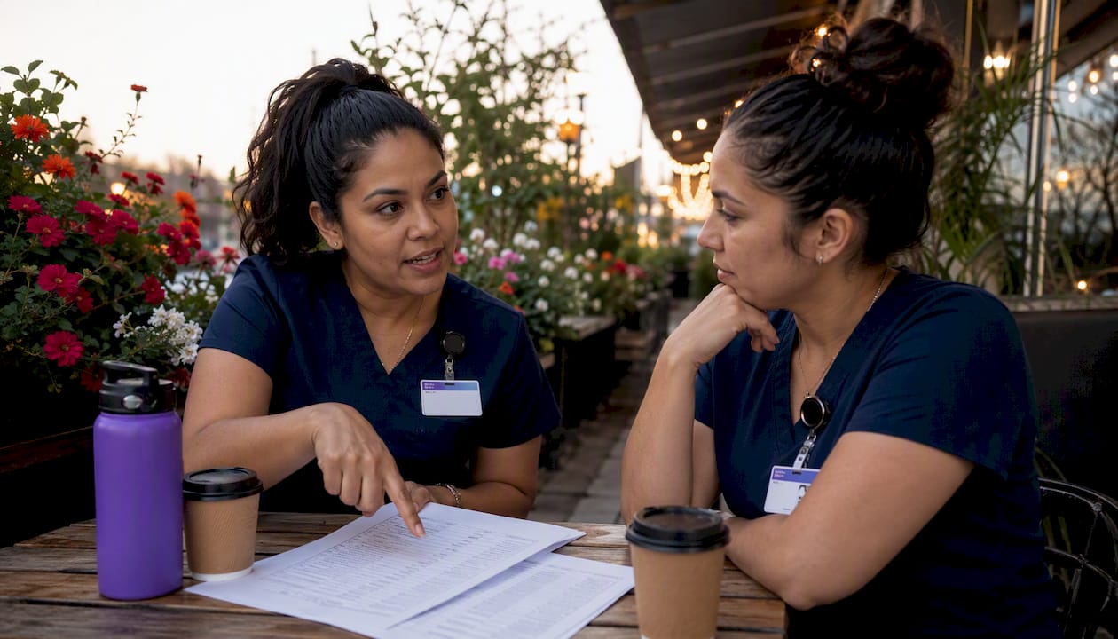 Two nurses discussing salary variations by state