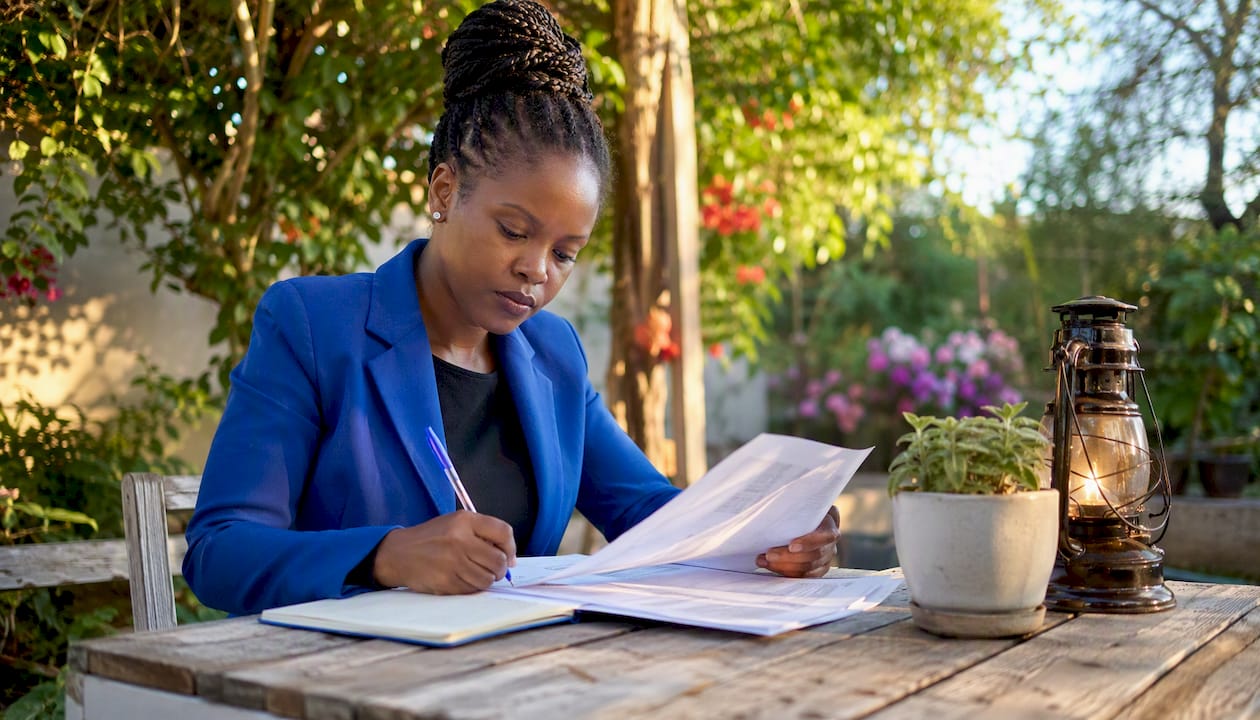 South African journalist reviewing reports at desk