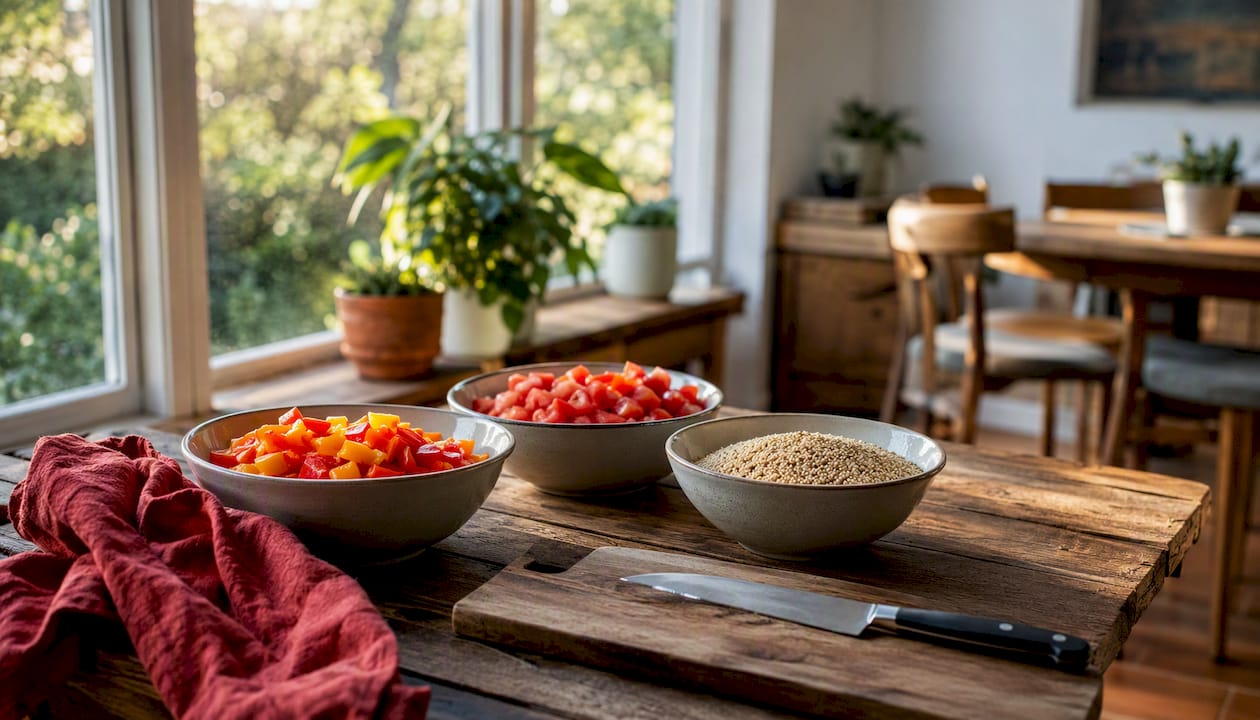 Vegetable prep bowls and cooking ingredients