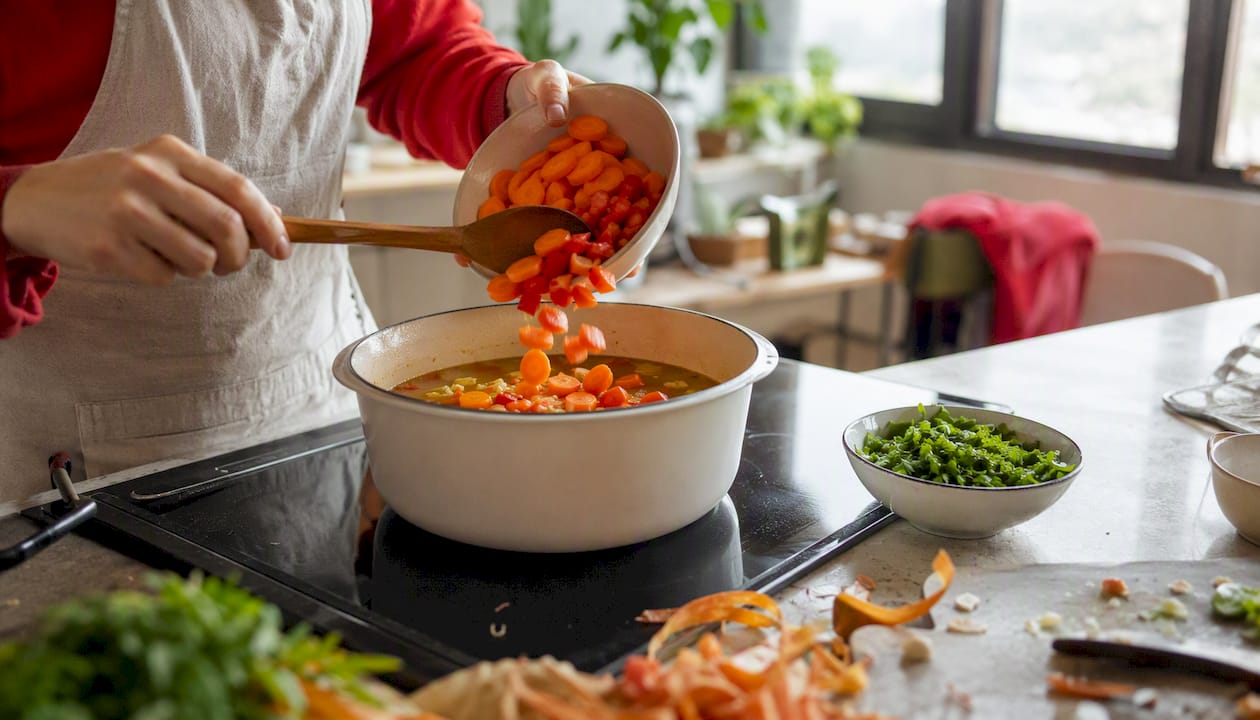 Hands adding vegetables to simmering soup pot