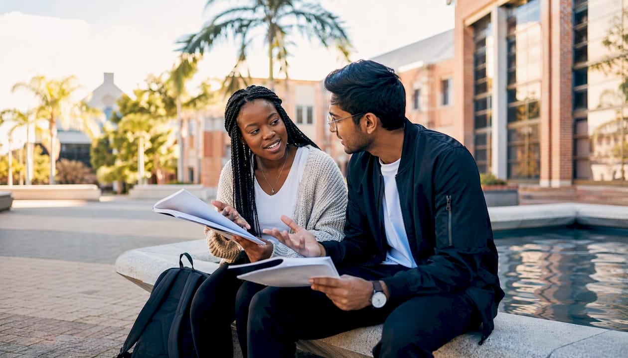 Public university campus with students walking outdoors