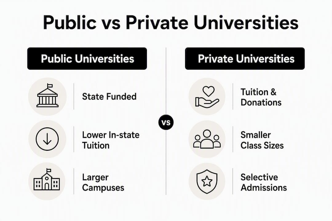 Infographic comparing public and private university attributes
