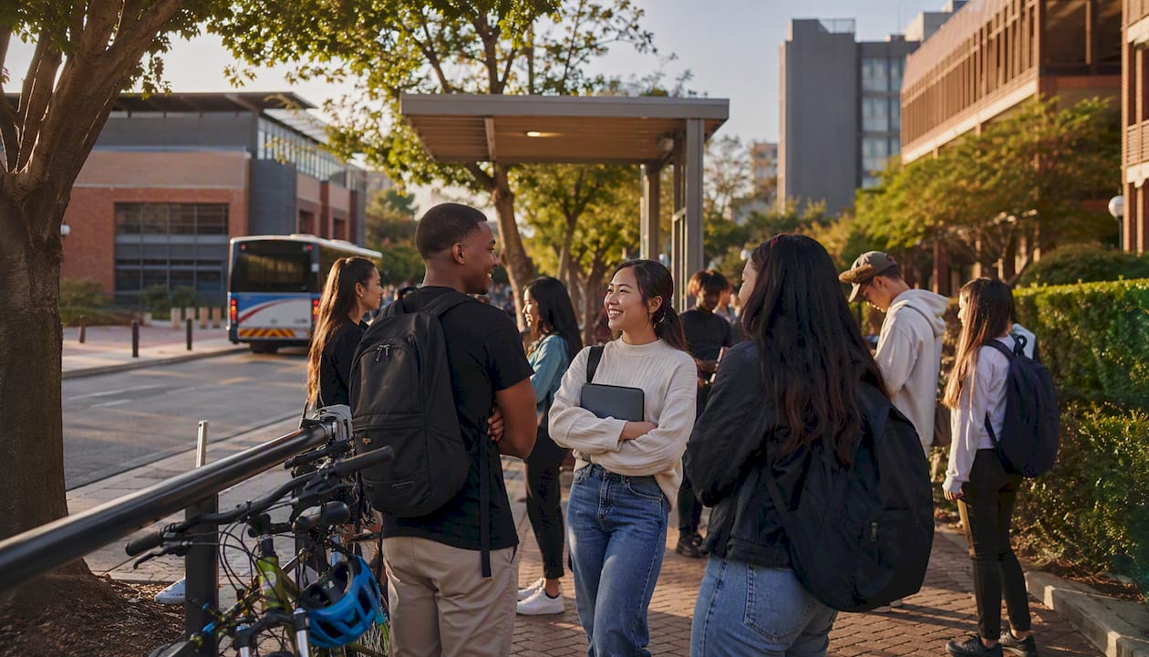 Students waiting at university bus stop in Pretoria