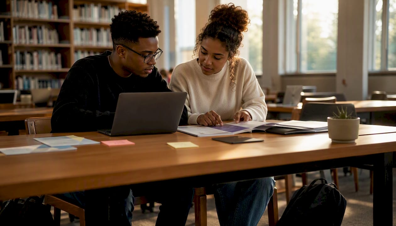 Two students discussing bursary opportunities at university