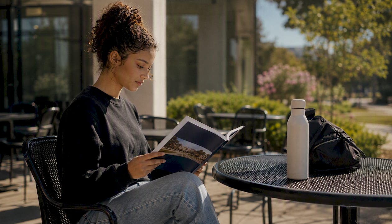 Student reading university prospectus in library