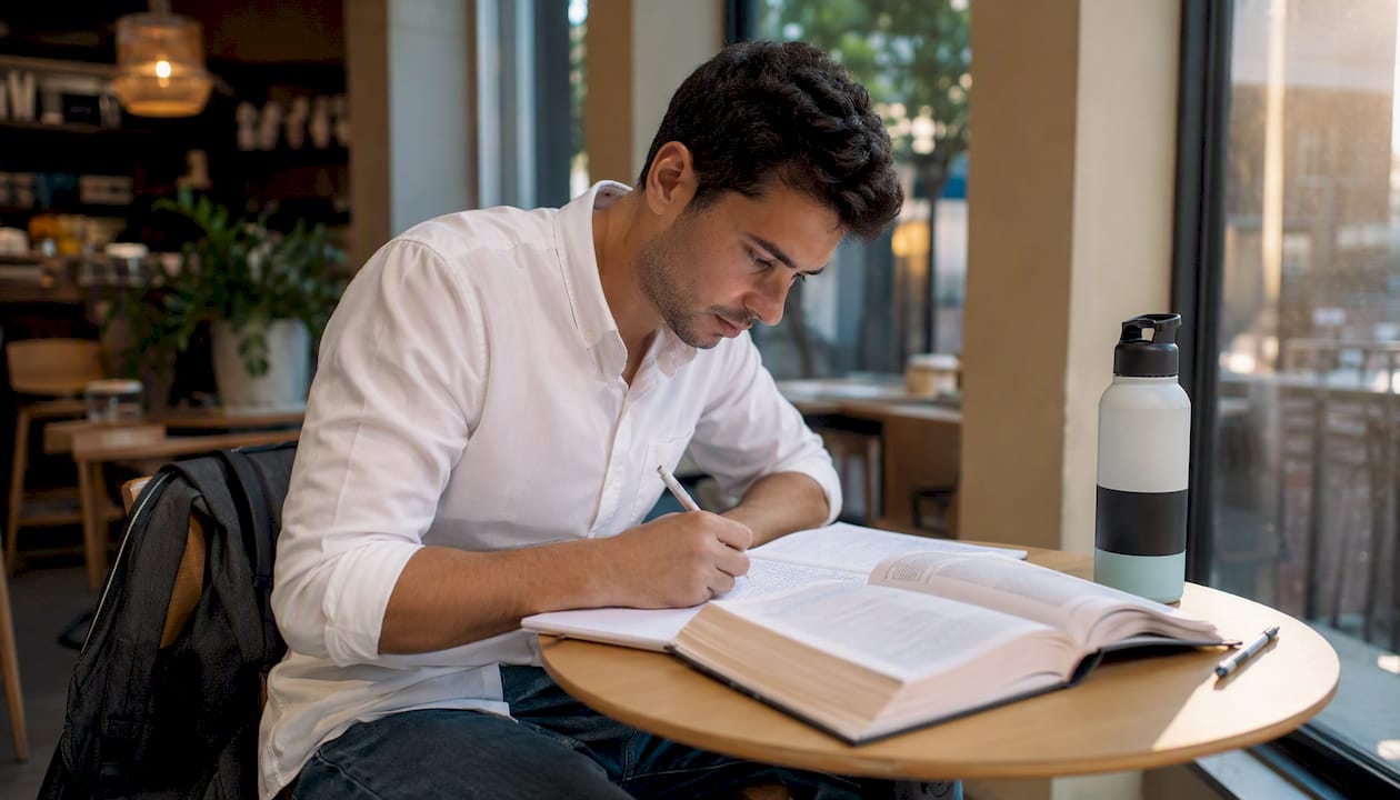 Engineering student studying technical textbook