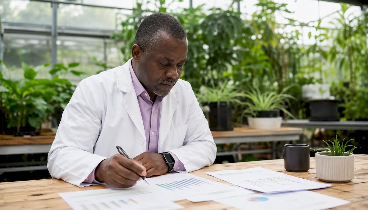 Researcher analyzing data in lab