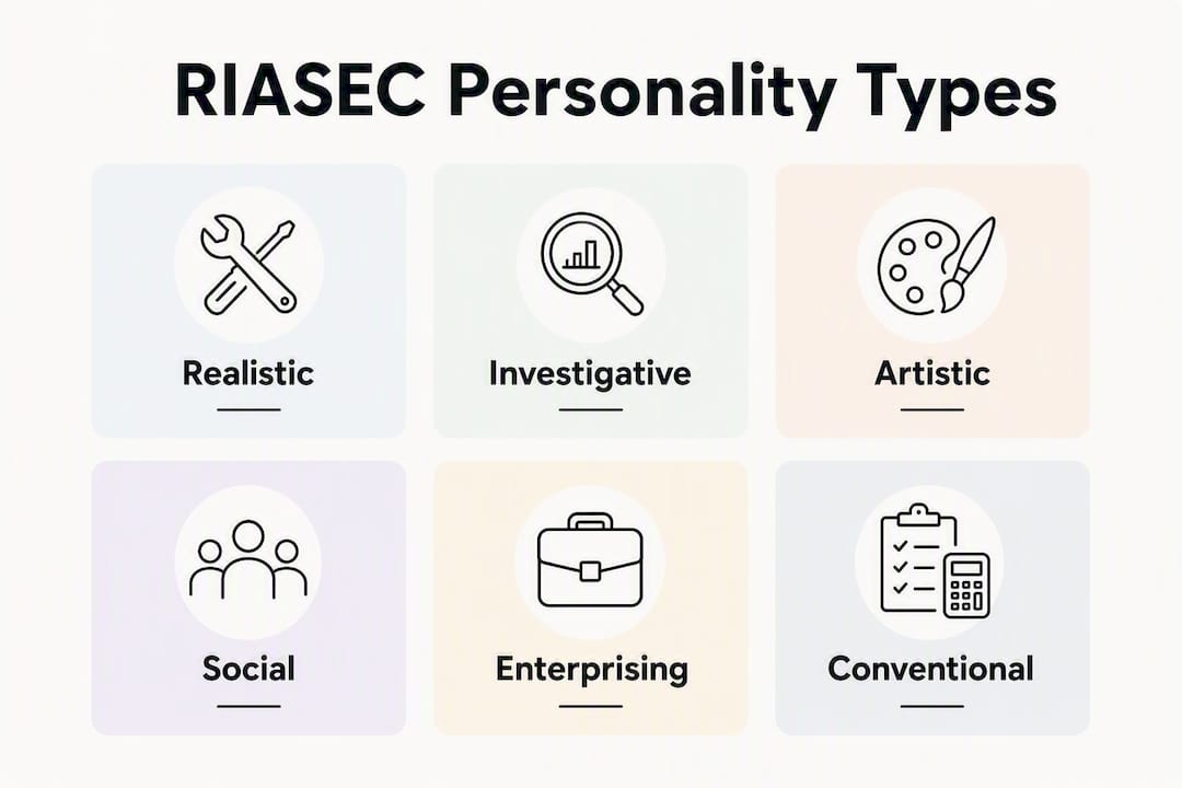 Infographic showing six RIASEC personality types hierarchy