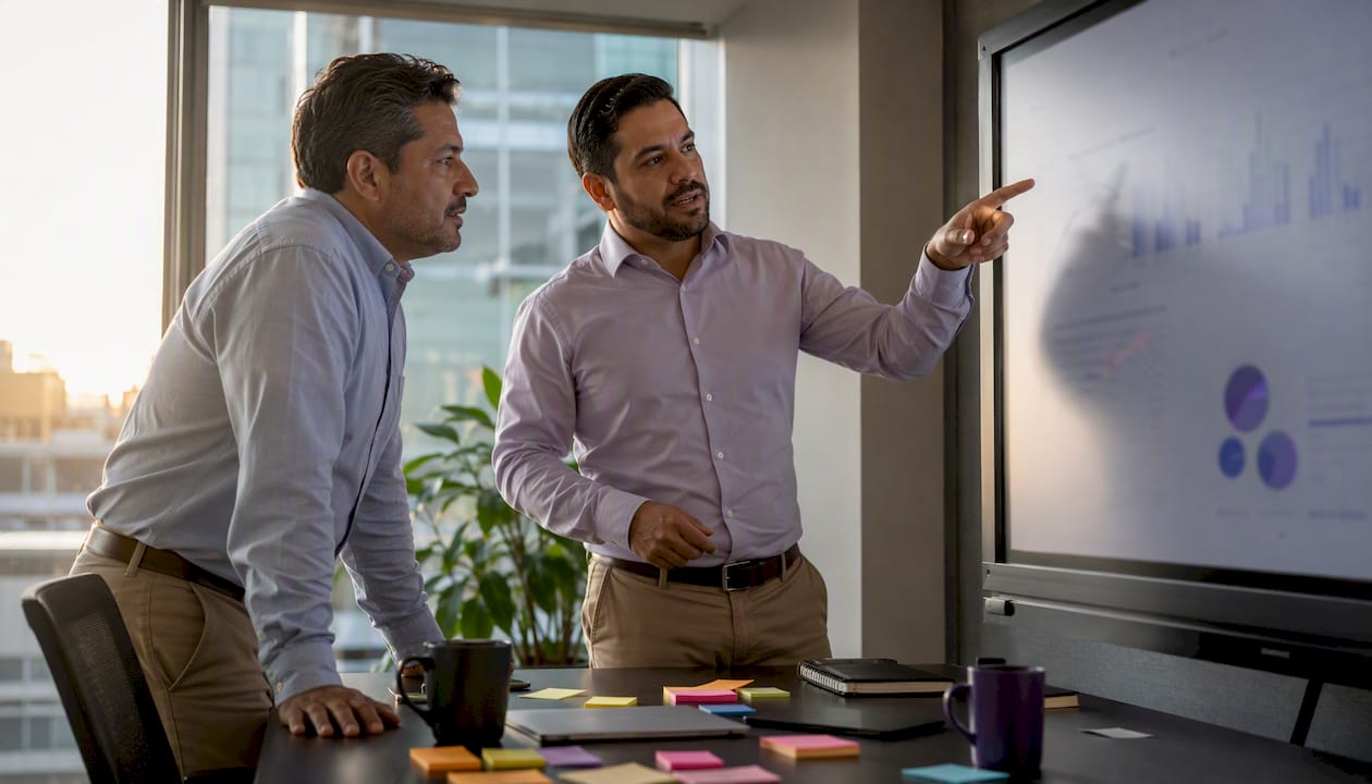Men discussing salary factors beside board