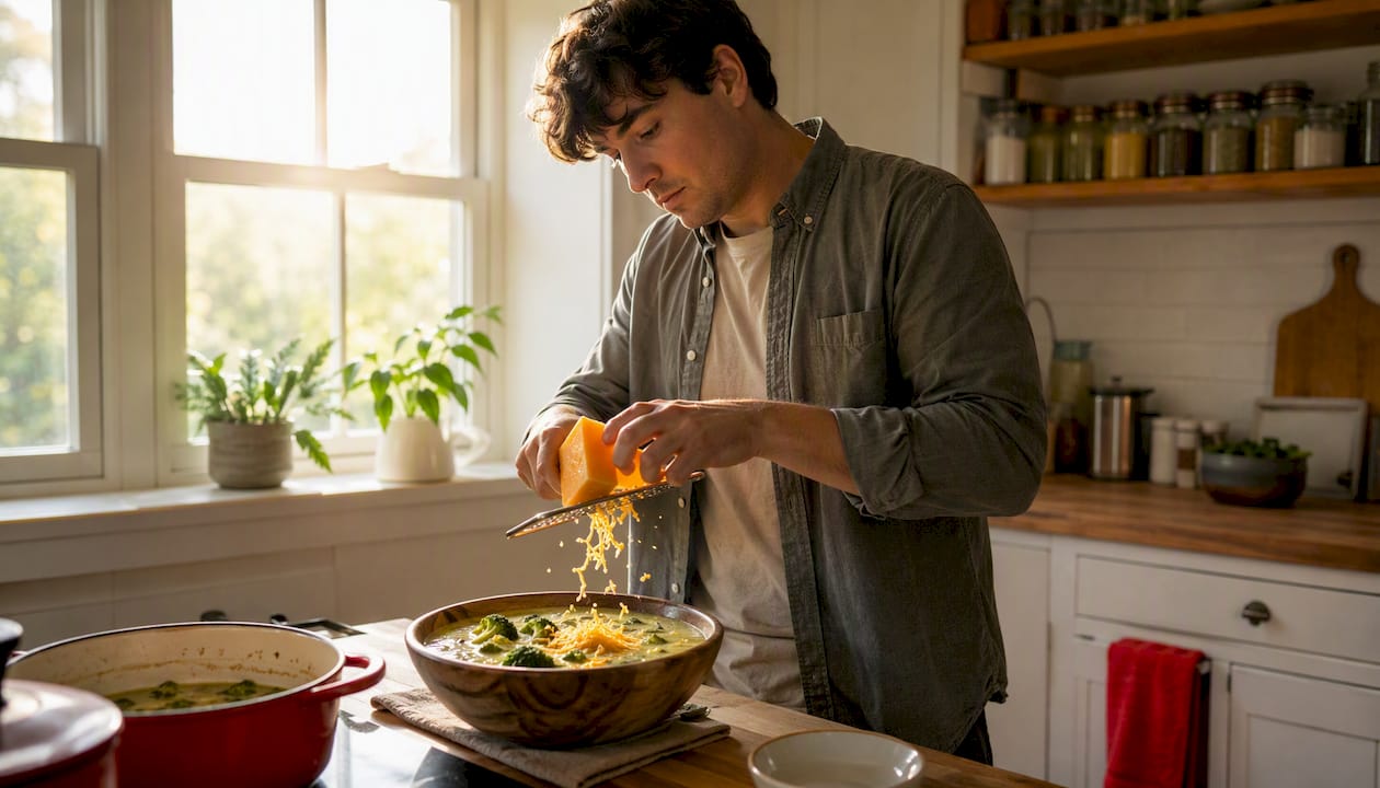 Hands grating cheddar cheese into soup