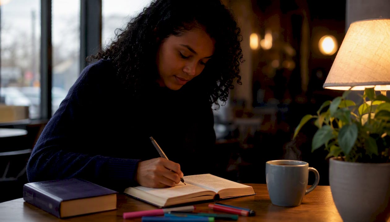 Mujer escribiendo en su diario sobre el amor de Dios