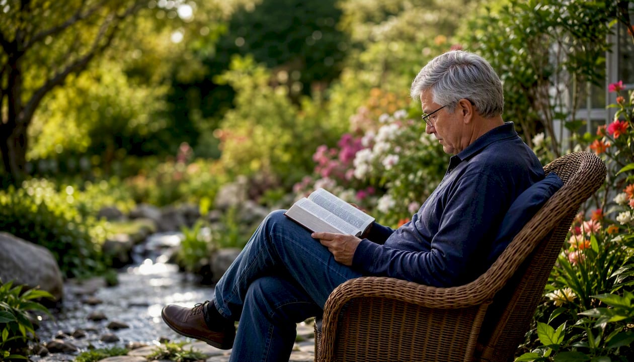 Un hombre mayor disfruta de la lectura de la Biblia al aire libre.