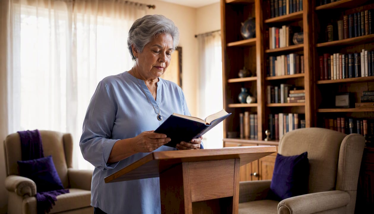 Woman reading Bible aloud during worship service