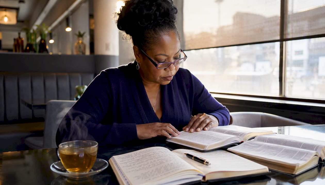 Woman studying Bible with multiple translations