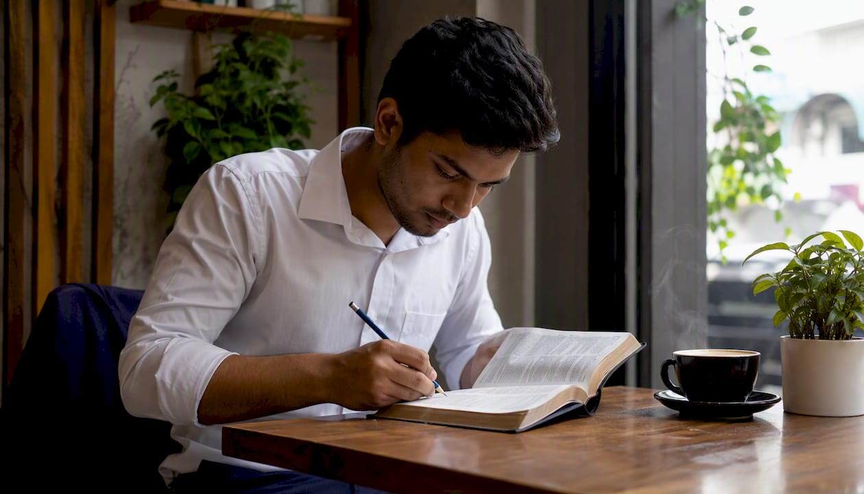 Man studying formal Bible translation at desk