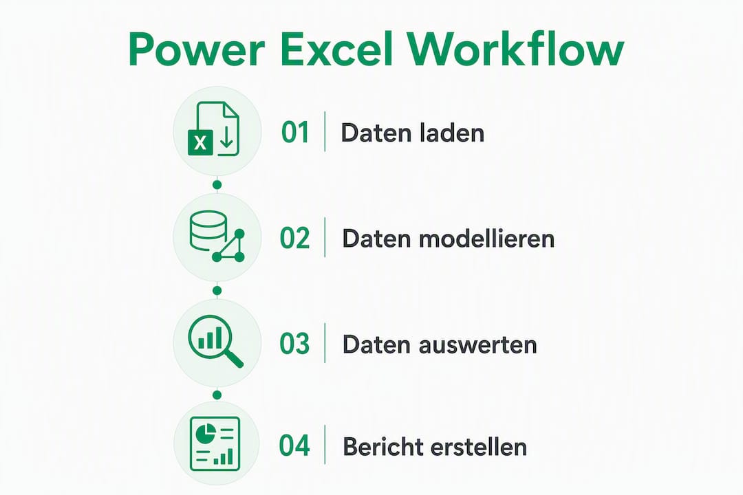 Ablaufdiagramm: Vom Datenimport mit Power Query über die Modellierung in Power Pivot bis hin zur Auswertung mit PivotTables
