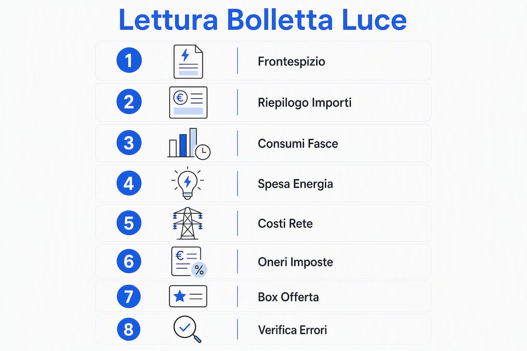 Infografica con tutti i consigli utili per capire come leggere la bolletta della luce passo dopo passo.