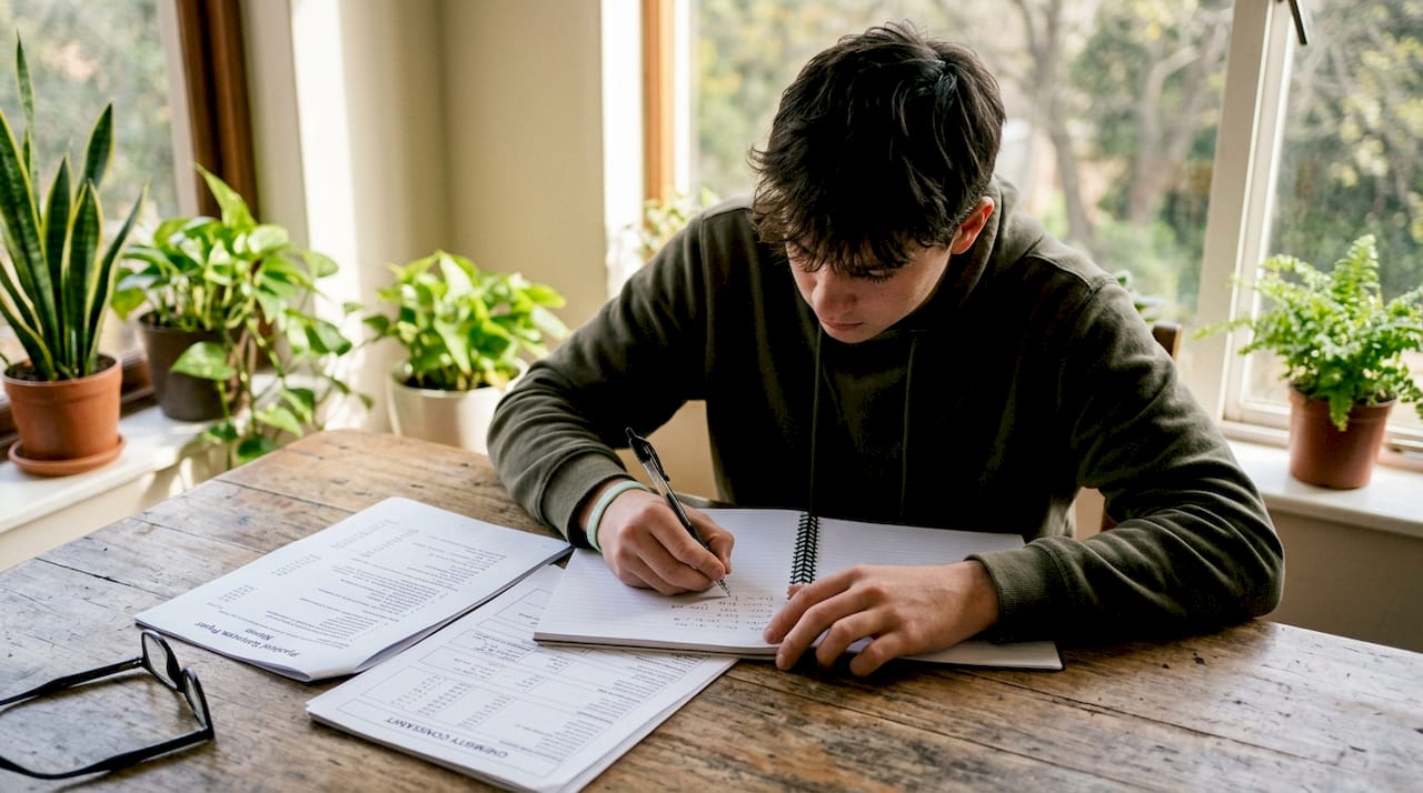 Hands writing with memo and data sheet nearby