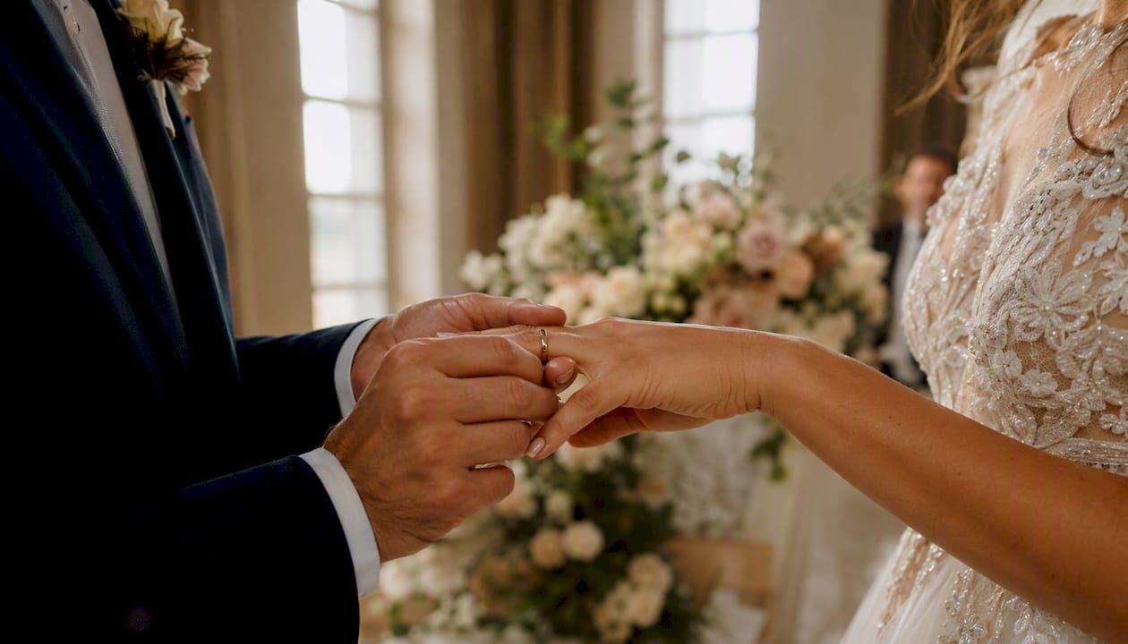El momento en que los novios se colocan los anillos durante la ceremonia