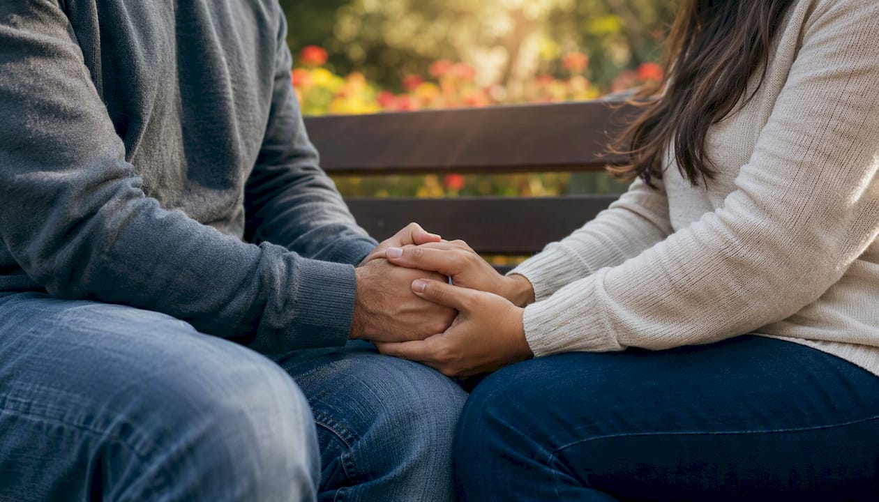 Una pareja se toma de la mano con ternura mientras pasea por un jardín.