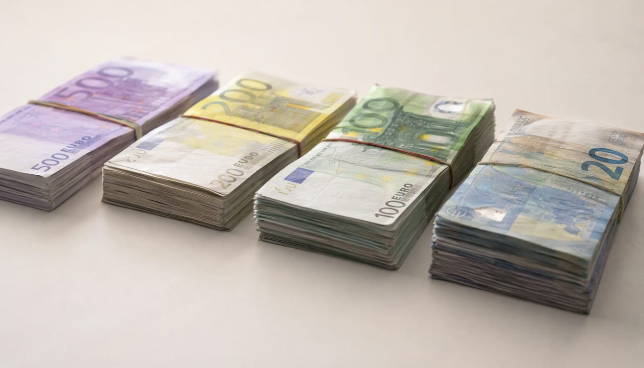 Mazzi di banconote in euro disposti per mostrare diverse quantità di denaro