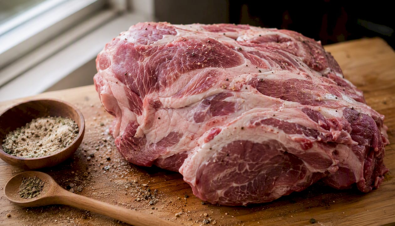 Raw pork shoulder on wooden board with spices