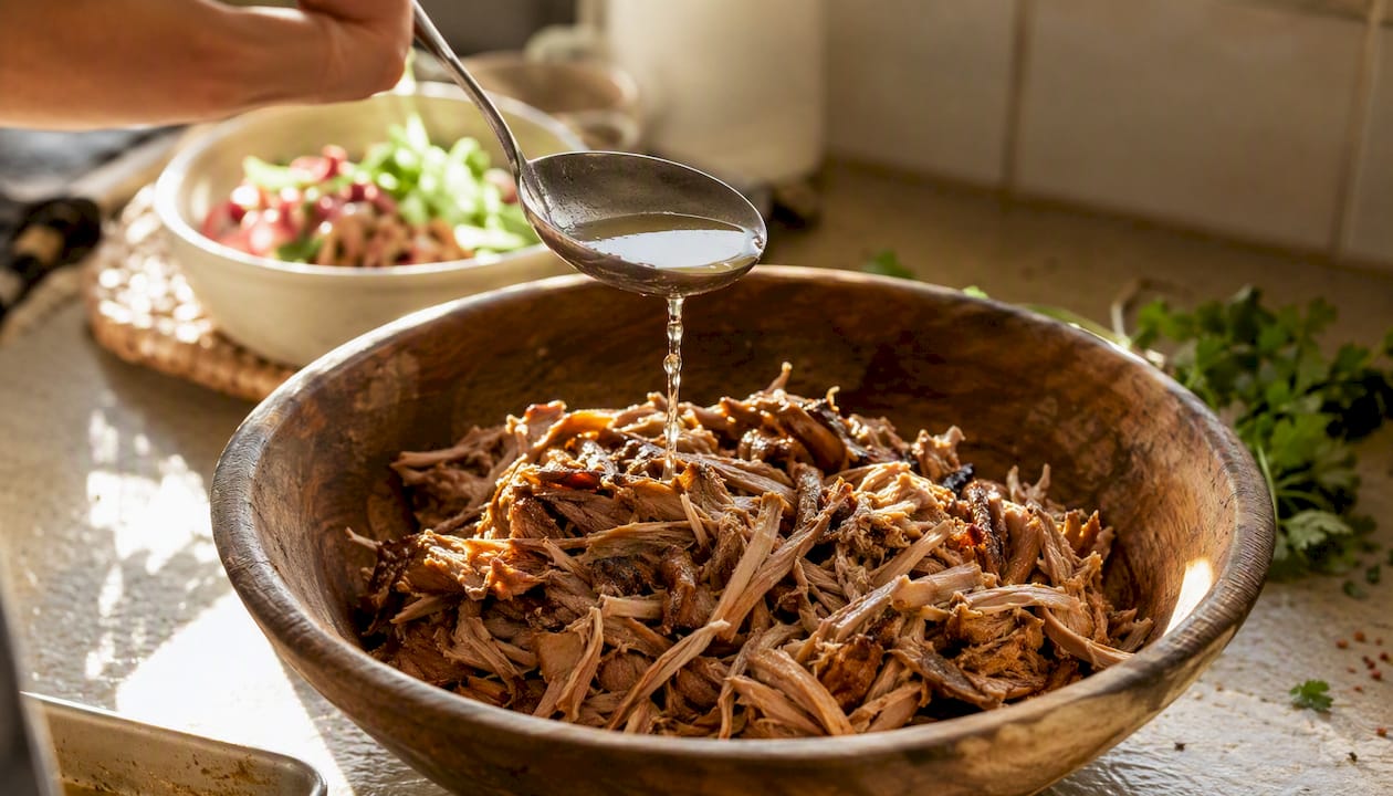 Pouring defatted juices over shredded pork
