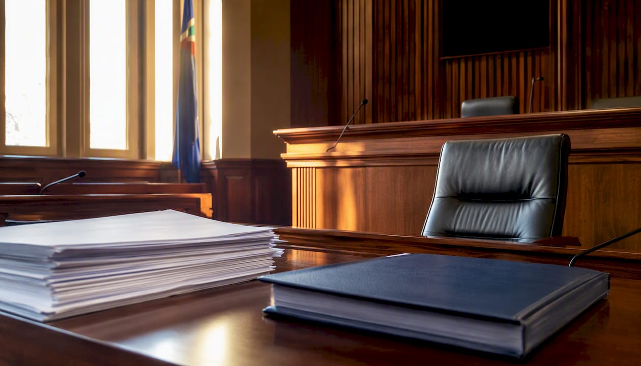 Empty commission hearing room corner with chair and papers
